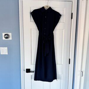 DKNY Navy Midi Shirt Dress Size 2 Belted Button Front Sleeveless Minimalist